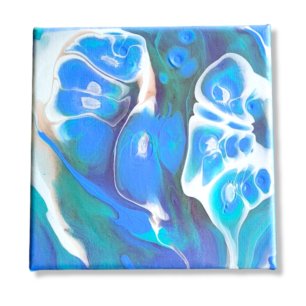 Original Acrylic Pour Turquoise Abstract Painting on  Gallery Wrap Canvas, 8x8"